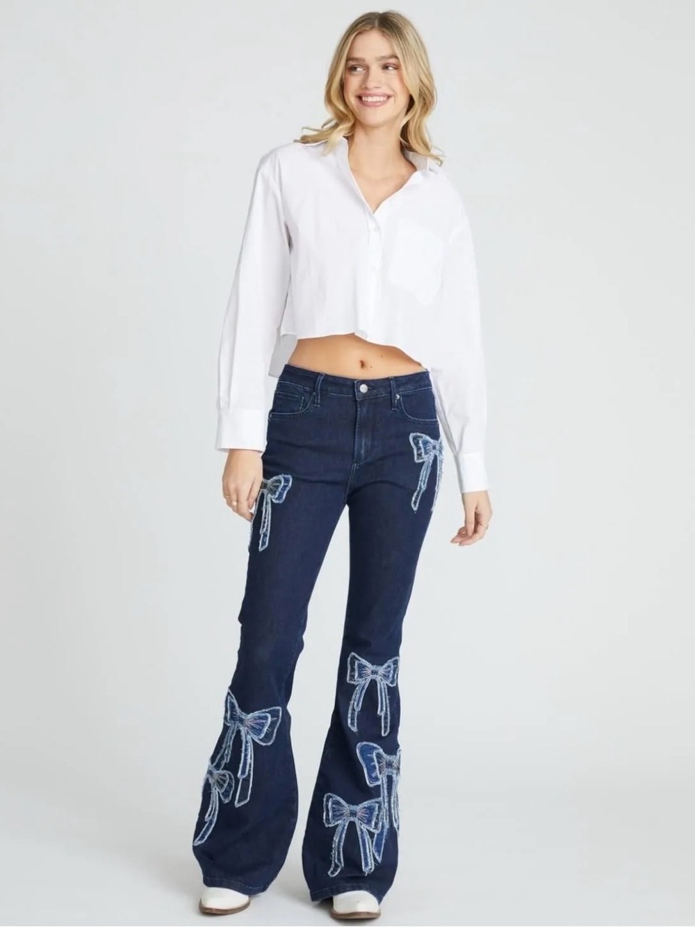 DRIFTWOOD Dark Blue Embroidered Bow Flare Jeans